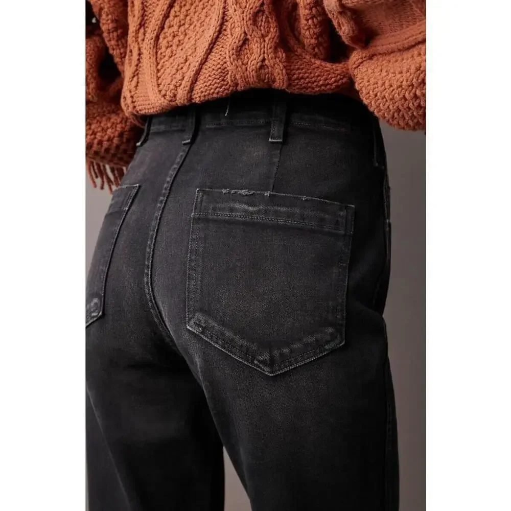 AMO Women’s Size 30 Button Fly Jeans Dock Ultra High-Rise Slim Jeans BLACK